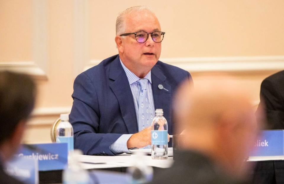 Newly-elected UNC Board of Trustees Chair Dave Boliek speaks during his first meeting as Chair during their meeting at the Carolina Inn, on Thursday, July 15, 2021, in Chapel Hill, N.C.