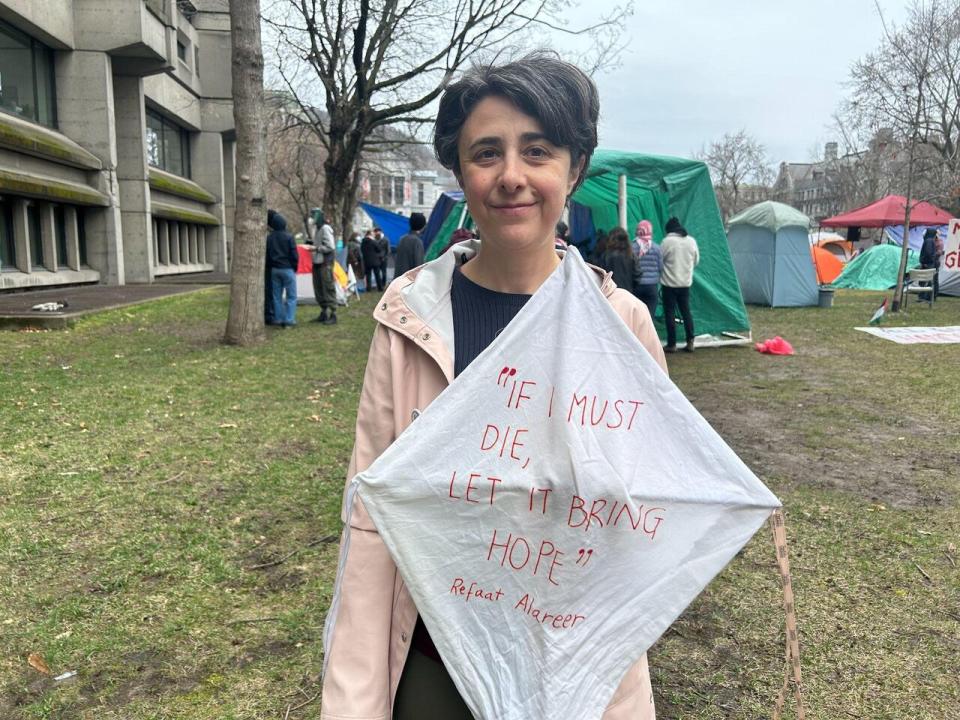Roberta La Piana teaches neuroscience at McGill University and brought her kids to the encampment Sunday in solidarity with students protesting.