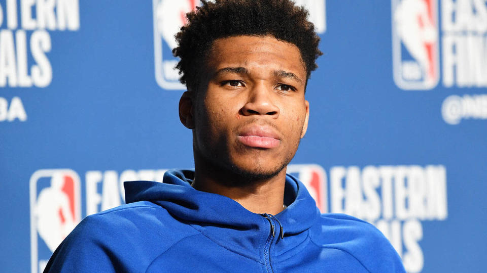 Giannis Antetokounmpo speaks with the media after Game 6. (Photo by Ron Turenne/NBAE via Getty Images)