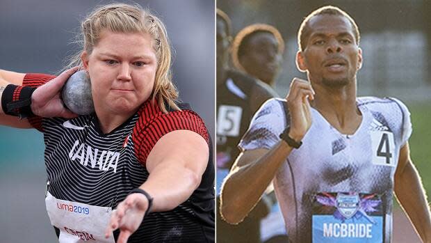 Shot putter Brittany Crew, left, and middle-distance runner Brandon McBride will not defend their Canadian titles later this week at the track and field Olympic trials in Montreal as they continue their recovery from injury ahead of the Summer Games in Tokyo next month. (Getty Images/Ryan Remiorz/Canadian Press/File - image credit)