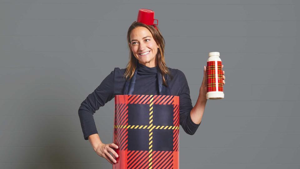 woman dressed as thermos for halloween