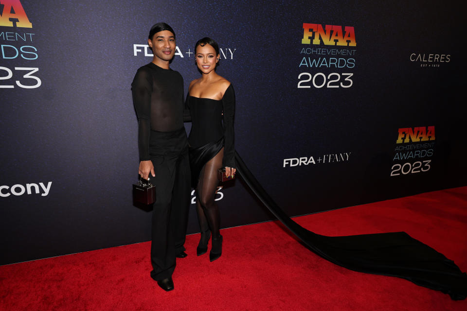 NEW YORK, NEW YORK - NOVEMBER 29: (L-R) Brandon Blackwood and Karreuche Tran attend the 2023 Footwear News Achievement Awards at Cipriani South Street on November 29, 2023 in New York City. (Photo by Jamie McCarthy/Footwear News via Getty Images)