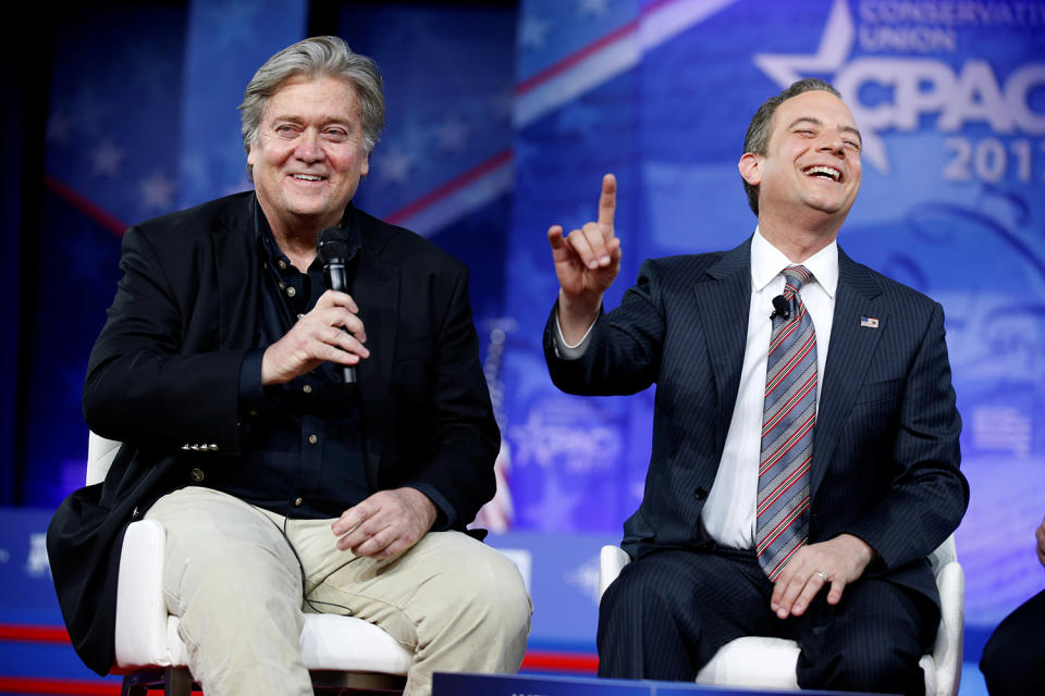 <p>White House Chief Strategist Stephen Bannon, left and White House Chief of Staff Reince Priebus speak at the Conservative Political Action Conference (CPAC) in National Harbor, Maryland, Feb. 23, 2017. (Photo: Joshua Roberts/Reuters) </p>