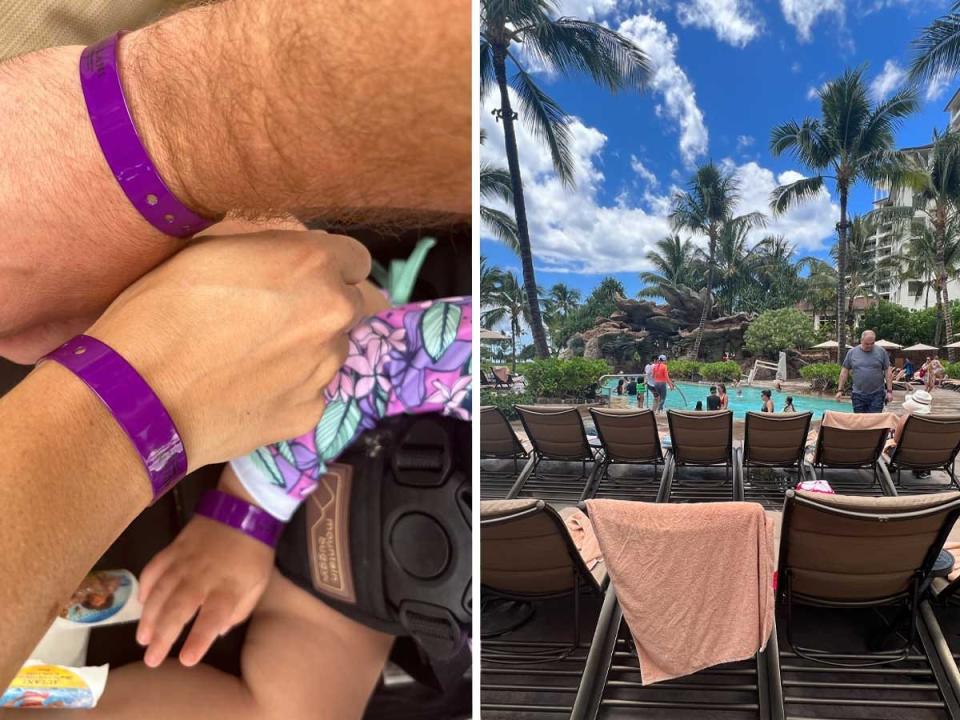 Side by side images of three wrists with colored bands and pool chairs with towels overlooking a pool.