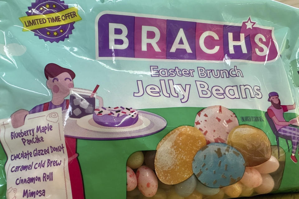 A package of Brach's recently introduced Easter Brunch-flavored jelly beans is shown on Monday, May 13, 2024 in Ann Arbor, Mich. They mimic the flavors of blueberry maple pancakes, chocolate donuts, caramel cold brew, cinnamon rolls, berry smoothies and mimosas. (AP Photo/Dee-Ann Durbin)