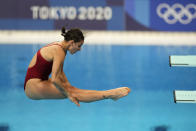 Pamela Ware of Canada competes in women's diving 3m springboard semifinal at the Tokyo Aquatics Centre at the 2020 Summer Olympics, Saturday, July 31, 2021, in Tokyo, Japan. (AP Photo/Dmitri Lovetsky)