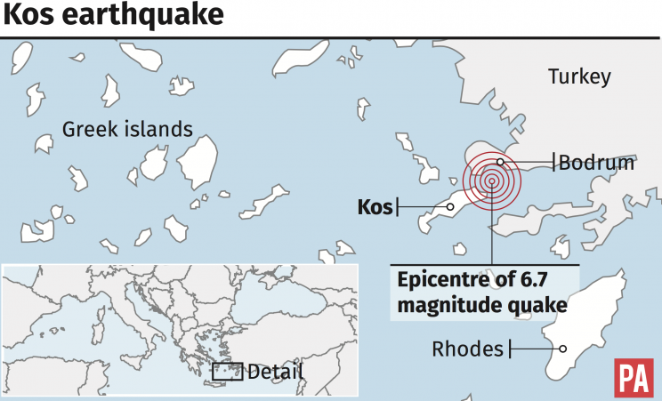 Graphic showing where the earthquake struck off the coasts of Greece and Turkey. (Press Association)