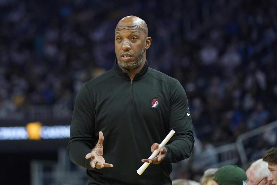 Portland Trail Blazers head coach Chauncey Billups gestures toward officials during the first half of an NBA basketball game against the Golden State Warriors in San Francisco, Friday, Nov. 26, 2021. (AP Photo/Jeff Chiu)