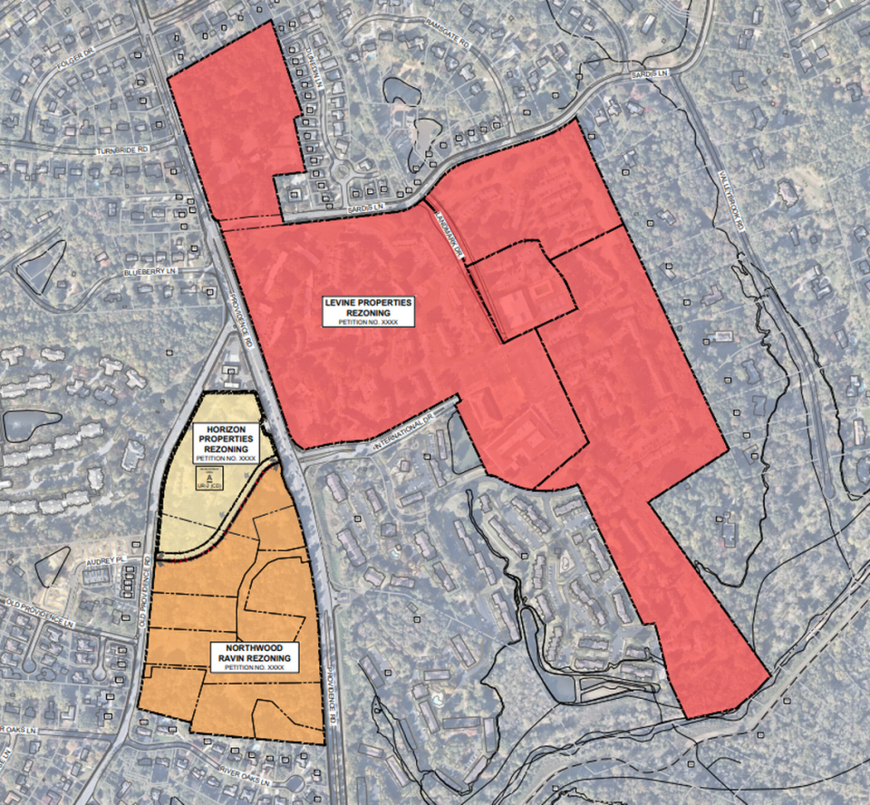 A map shows the different parcels being developed by Levine Properties, Northwood Ravin and Horizon Development Properties along Providence Road. Screenshot of city of Charlotte zoning