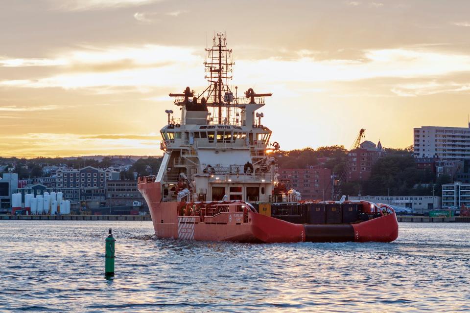 Offshore supply vessel enters port from the offshore oil production fields in St. John’s, N.L. Other Atlantic provinces like New Brunswick are less confident about the transition benefits of natural gas. (Shutterstock)