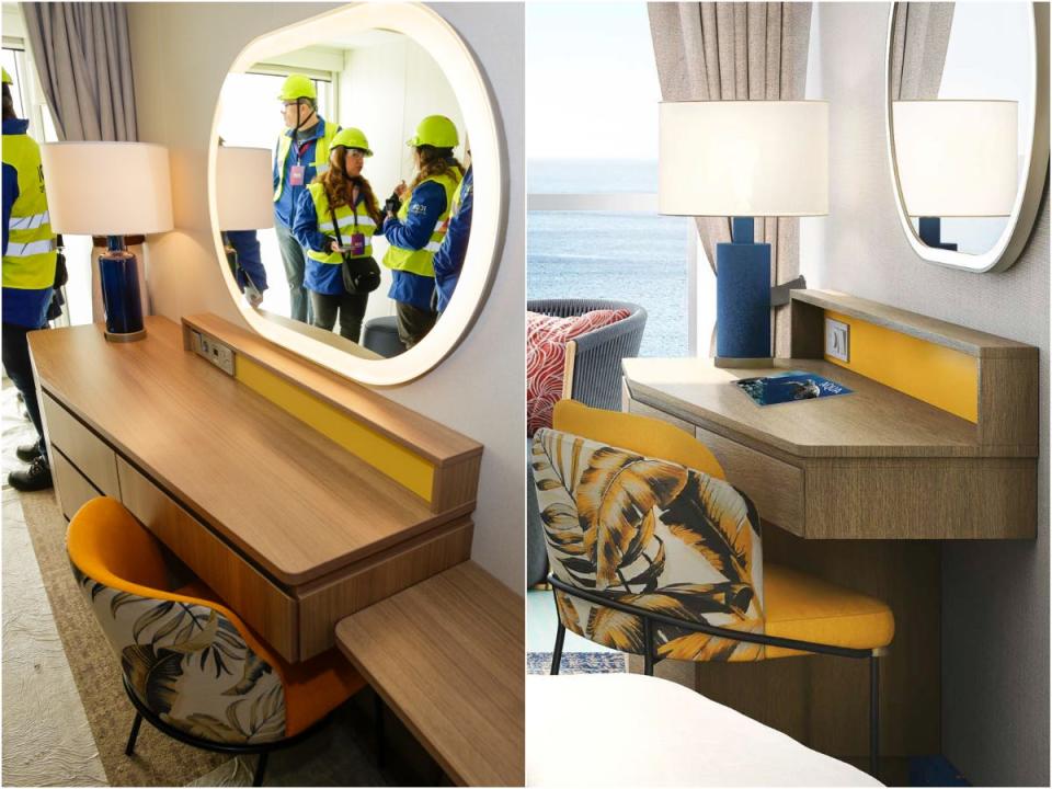 A collage of the rendering of the desk inside the family infinite ocean view balcony stateroom with what it looks like under construction with people.