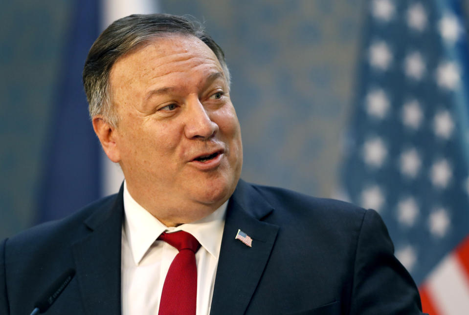 U.S. Secretary of State Mike Pompeo speaks during a joint press conference as part of a meeting with the Prime Minister of Czech Republic Andrej Babis in Prague, Czech Republic, Wednesday, Aug. 12, 2020. U.S. Secretary of State Mike Pompeo is in Czech Republic at the start of a four-nation tour of Europe. Slovenia, Austria and Poland are the other stations of the trip. (AP Photo/Petr David Josek, Pool)