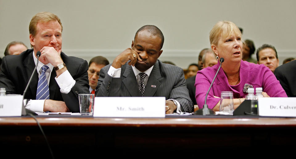 Tampa Bay Buccaneers former President Gay Culverhouse, right, testifies before the House Judiciary Committee about football brain injuries along with NFL Commissioner Roger Goodell, left, and NFLPA Executive Director DeMaurice Smith on Capitol Hill October 28, 2009 in Washington, DC.