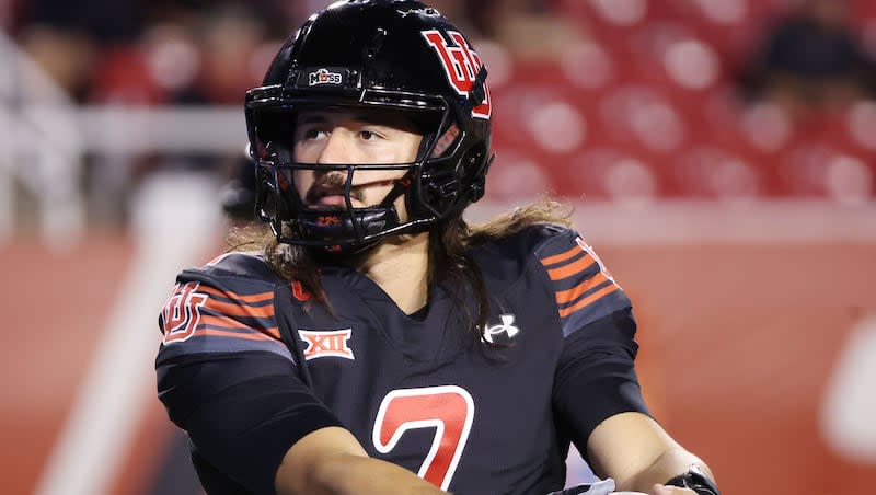 Utah Utes quarterback Cameron Rising (7) warms up against the Arizona Wildcats in Salt Lake City on Saturday, Sept. 28, 2024.