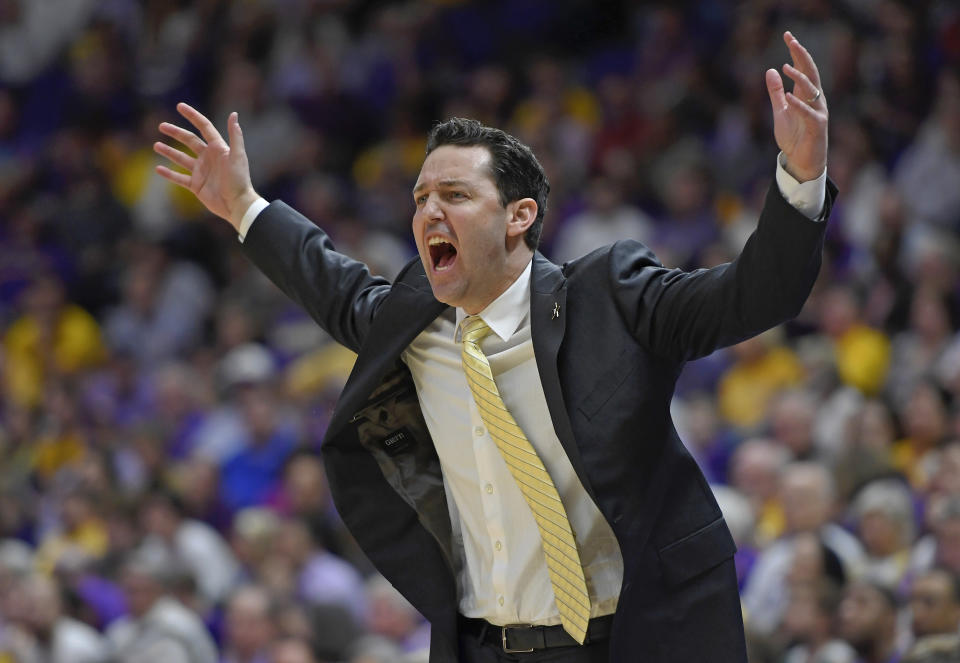 Vanderbilt coach Bryce Drew reacts to a call on one of his players in the first half of an NCAA college basketball game, Saturday, March 9, 2019, in Baton Rouge, La. (AP Photo/Bill Feig)