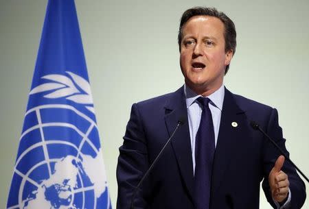 Britain's Prime Minister David Cameron delivers a speech during the opening session of the World Climate Change Conference 2015 (COP21) at Le Bourget, near Paris, France, November 30, 2015. REUTERS/Stephane Mahe