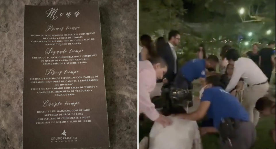 Left, the wedding menu featuring the mushroom dish. Right, guests being tended to by paramedics. 