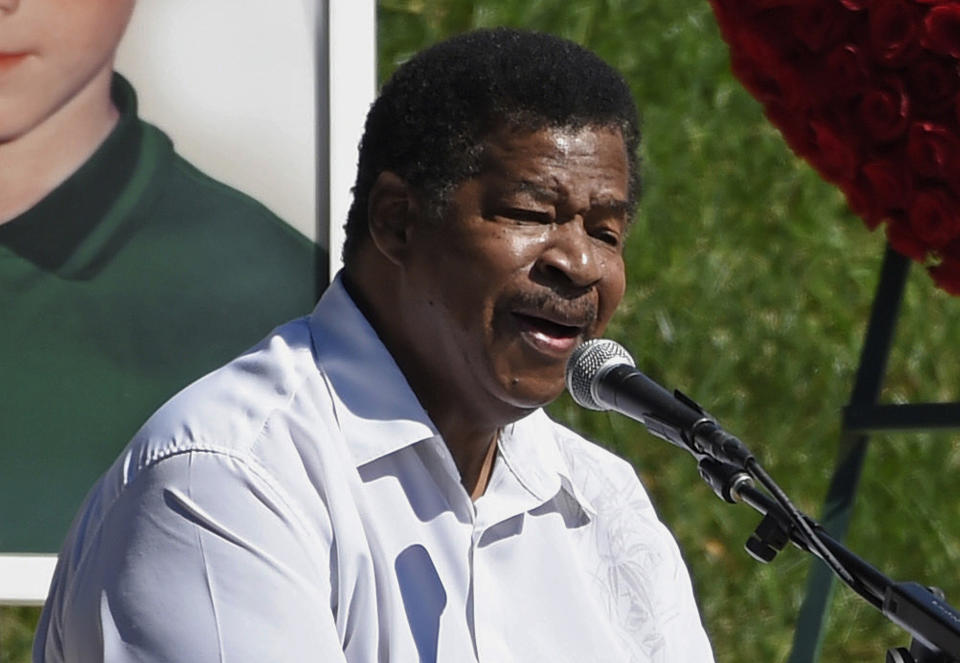 FILE - In this Oct. 8, 2017 file photo, singer Jerry Lawson performs the song "Lay Down" at a life celebration and statue unveiling for the late actor Anton Yelchin at Hollywood Forever Cemetery in Los Angeles. Lawson, for four decades the lead singer of cult favorite acapella group the Persuasions, has died. Longtime friend Rip Rense says Lawson died Wednesday, July 10, 2019 in Phoenix after a long illness. He was 75. (Photo by Chris Pizzello/Invision/AP, File)