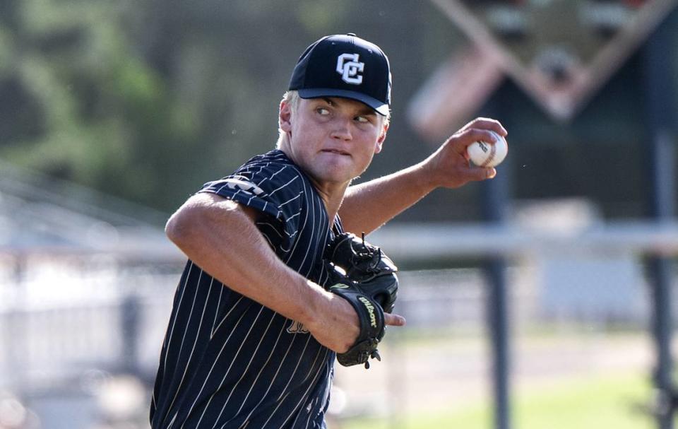 Central Catholic pitcher TP Wentworth delivers a pitch during the Northern California Regional Division III semifinal playoff game with Arcata at Central Catholic High School in Modesto, Calif., Thursday, June 1, 2023.