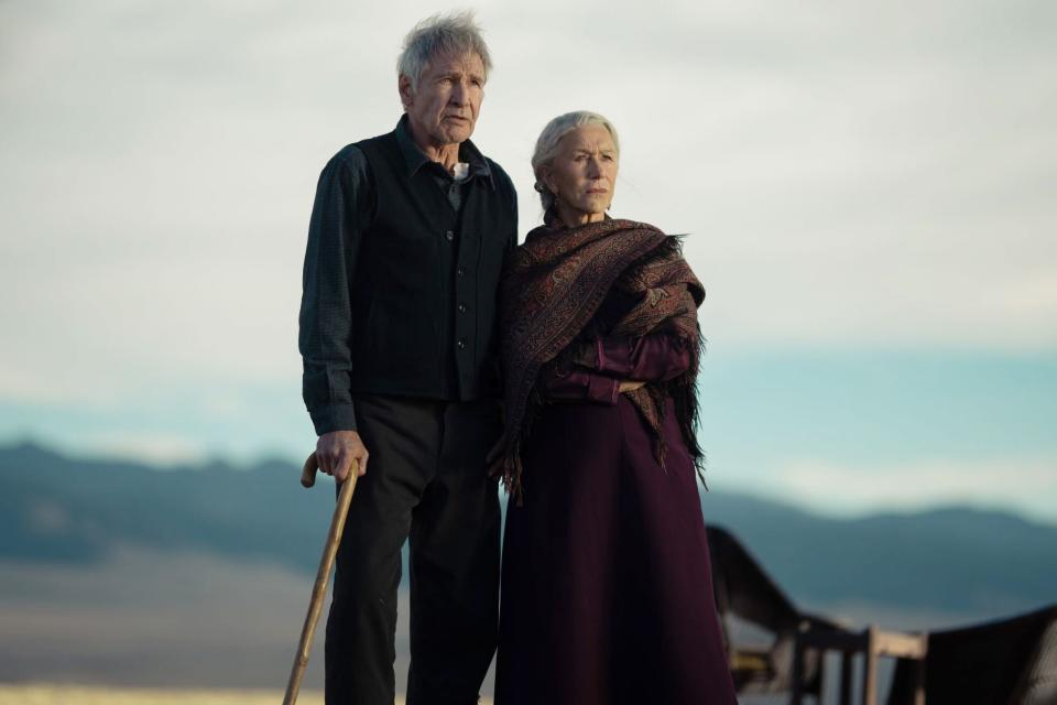 Harrison Ford as Jacob and Helen Mirren as Cara Dutton of the Paramount+ series 1923. Photo Cr: Christopher Saunders/Paramount+ © 2022 Viacom International Inc. All Rights Reserved.