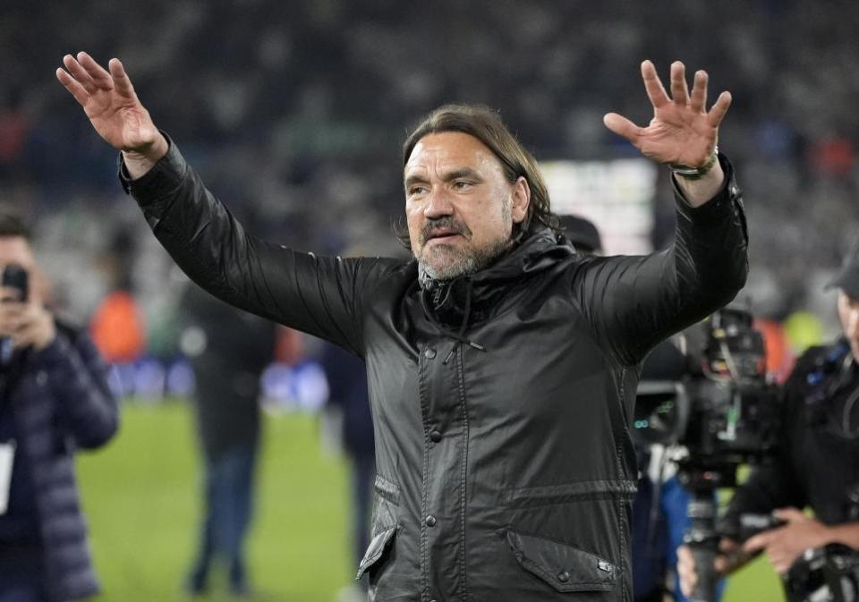 Daily Echo: Leeds manager Daniel Farke celebrates their comfortable win over Norwich
