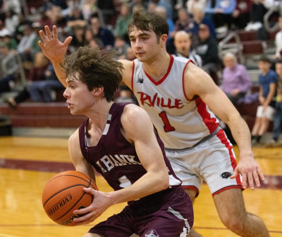 Red Bank's Jameson Ackerman drives against Robbinsville in an NJSIAA Central Group 3 Quarterfinal game in Red Bank on February 27, 2024.
(Credit: Peter Ackerman)