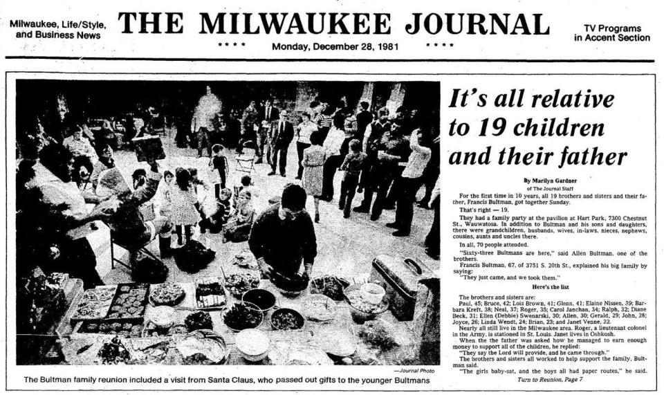 The Dec. 28, 1981 edition of the Milwaukee Journal featured a story about the 19 siblings of the Bultman family who reunited for a holiday meal for the first time in 10 years. The family grew up in Milwaukee's Riverwest neighborhood.