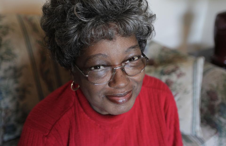 FILE - In this Thursday, Feb. 5, 2009, file photo, Bronx resident Claudette Colvin talks about segregation laws in the 1950s in Alabama while having her photo taken, in New York. Months before Rosa Parks became the mother of the modern civil rights movement by refusing to give up her seat and move to the back of a segregated Alabama bus, Black teenager Colvin did the same. Convicted of assaulting a police officer while being arrested, Colvin was placed on probation yet never received notice that she'd finished the term and was on safe ground legally. (AP Photo/Julie Jacobson, File)