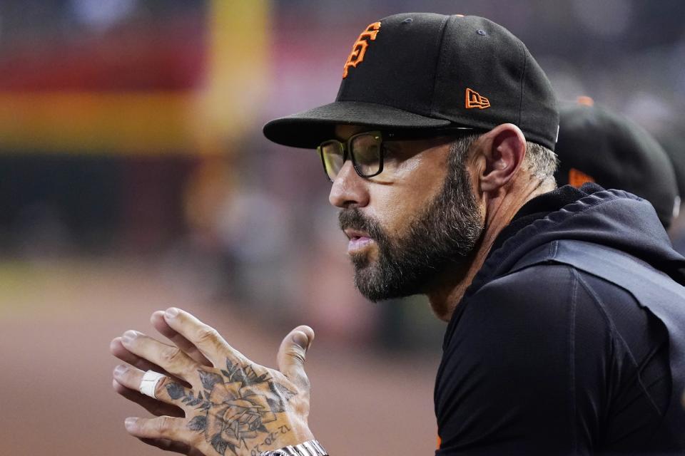 San Francisco Giants manager Gabe Kapler watches during the ninth inning of the team's baseball game against the Arizona Diamondbacks on Tuesday, July 5, 2022, in Phoenix. The Diamondbacks won 6-2. (AP Photo/Ross D. Franklin)