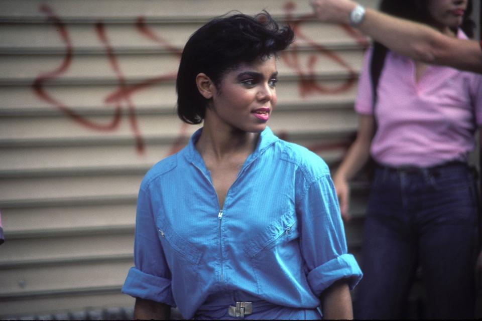 janet jackson on the set of fame filming in nyc's south street seaport july 1984