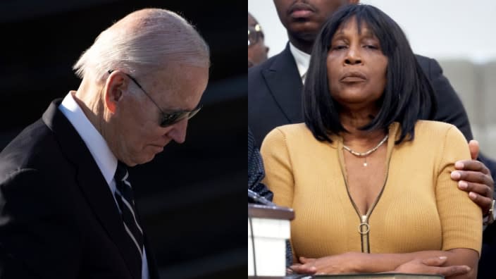 Left to right: President Joe Biden and RowVaughn Wells, the mother of Tyre Nichols, who was fatally beat by Memphis police. (Photo: Getty Images)