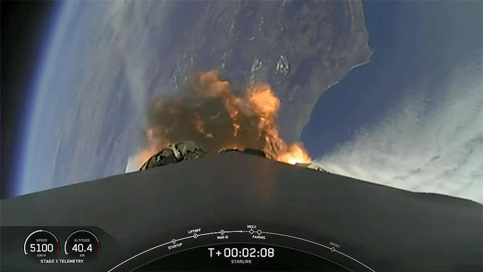 A camera mounted on the Falcon 9 rocket captures a spectacular view of the California coastline dropping away below as the vehicle climbed toward a polar orbit. / Credit: SpaceX webcast