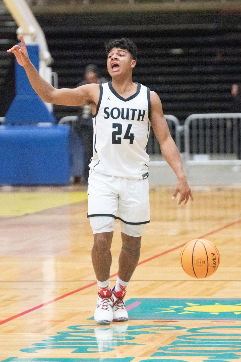 Pueblo South's Maurice Austin directs teammates during a game against Pueblo East at the Southwest Motors Event Center on Thursday, February 2, 2024.