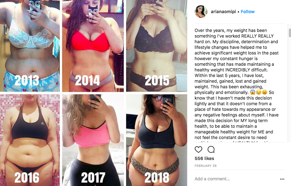 She has revealed her true struggle with her weight in a brave snapshot of images of her body over the years. Source: Instagram/ArianaOmipi