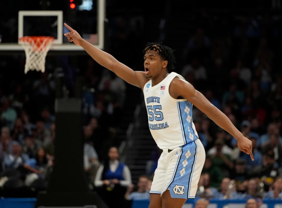 North Carolina Tar Heels forward Harrison Ingram (55) reacts against the Wagner Seahawks in the first round of the 2024 NCAA Tournament on Thursday at the Spectrum Center in Charlotte, N.C.