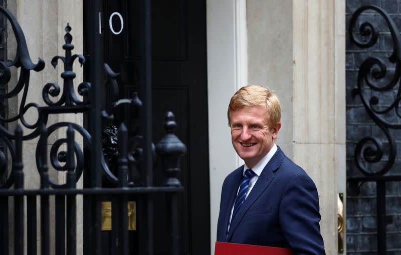 Britain's Secretary of State for Digital, Culture, Media and Sport Oliver Dowden reacts at Downing Street, in London