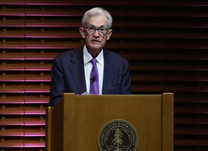 STANFORD, CALIFORNIA - APRIL 03: Federal Reserve Bank Chair Jerome Powell speaks during the Stanford Business, Government and Society Forum at Stanford University on April 03, 2024 in Stanford, California. Powell spoke at the Stanford’s first Business, Government, and Society Forum with the  theme of  responsible leadership in a polarized world. (Photo by Justin Sullivan/Getty Images)