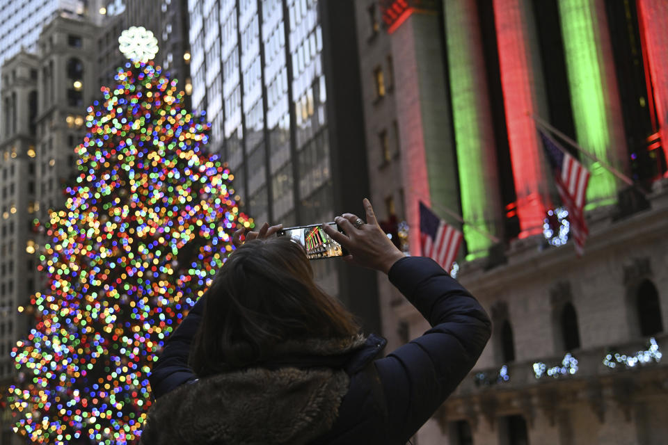 Photo by: NDZ/STAR MAX/IPx 2023 12/14/23 Holiday decorations outside the New York Stock Exchange (NYSE) on Wall Street on December 14, 2023 in New York City.