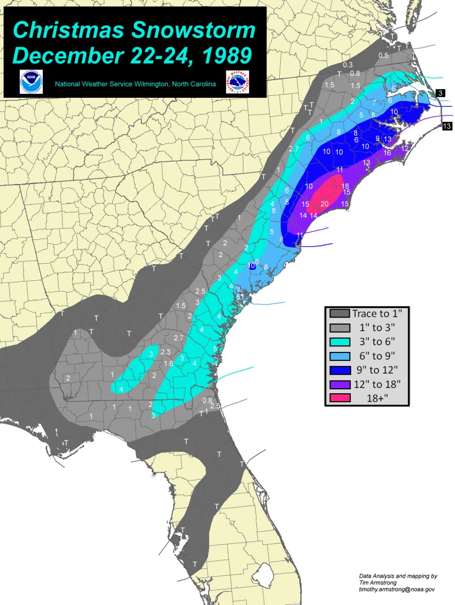 Recorded snowfall from the Christmas Coastal Snowstorm Dec. 22-24, 1989.