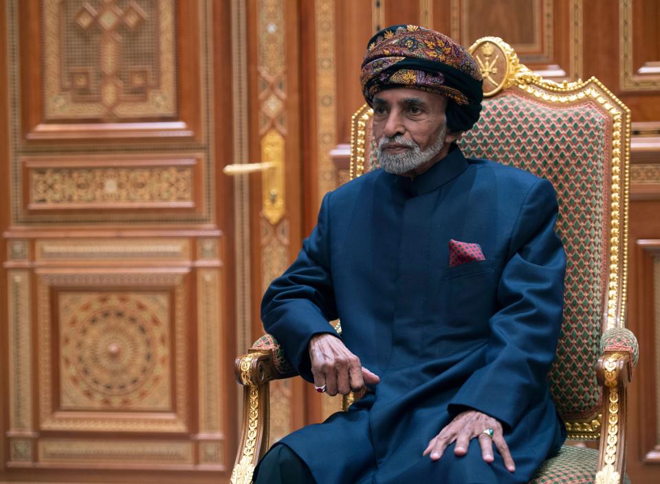 Sultan of Oman Qaboos bin Said al-Said sits during a meeting with the US secretary of state at the Beit Al Baraka Royal Palace in Muscat on January 14, 2019. (Photo by ANDREW CABALLERO-REYNOLDS / POOL / AFP)        (Photo credit should read ANDREW CABALLERO-REYNOLDS/AFP/Getty Images)