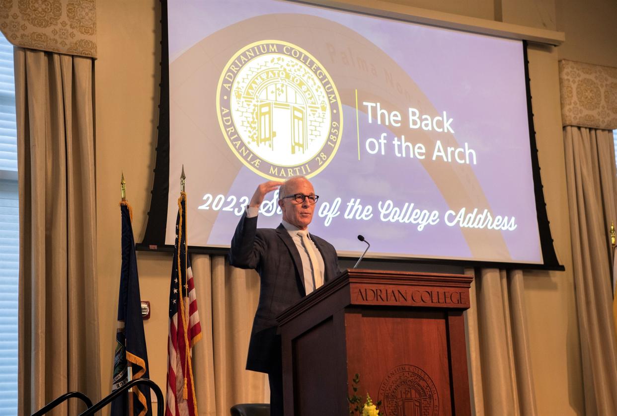 Adrian College President Jeffrey Docking speaks during the 2023 State of the College address March 31 in the Adrian Tobias Center on the college's campus. This year's theme was "The Back of the Arch."