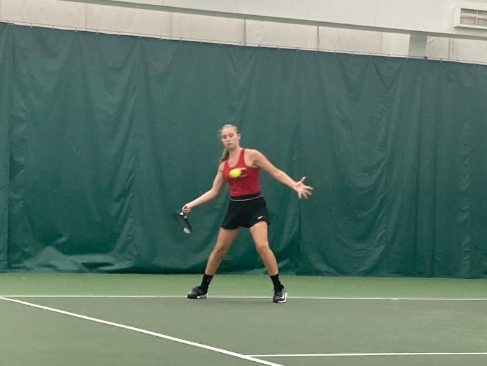 Fairview tennis player Trinity Fox prepared to return a shot at McDowell's Maria Minichelli during their October 9, 2021, semifinal in District 10's Class 3A girls singles tournament at Westwood Racquet Club. Fox, the defending champion, returned to the final with a 6-2, 6-1 victory.