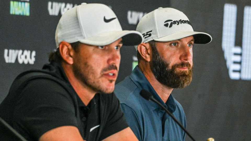   Brooks Koepka and Dustin Johnson talk to the media before the 2022 LIV Golf Team Championship at Trump National Doral 