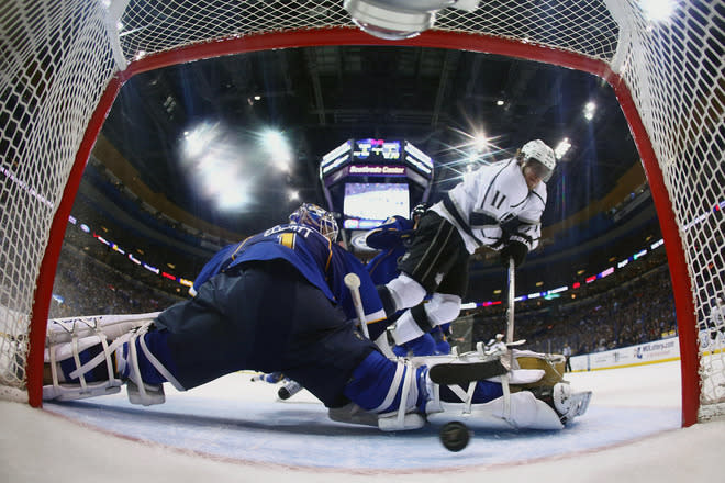 ST. LOUIS, MO - APRIL 30: Anze Kopitar #11 of the Los Angeles Kings scores a goal against Brian Elliott #1 of the St. Louis Blues in Game Two of the Western Conference Semifinals during the 2012 NHL Stanley Cup Playoffs at the Scottrade Center on April 30, 2012 in St. Louis, Missouri. (Photo by Dilip Vishwanat/Getty Images)