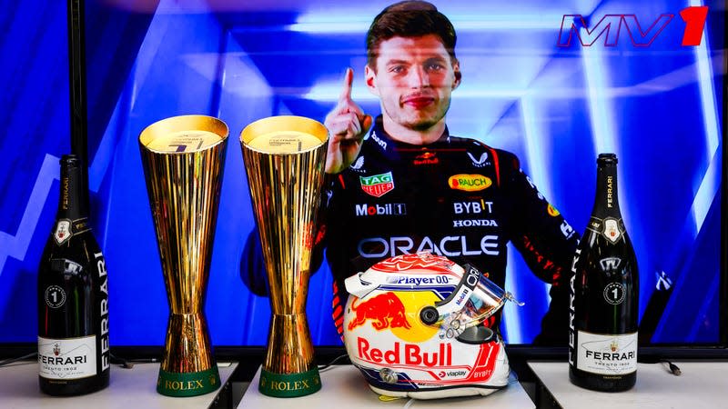 The race winners trophy of Max Verstappen of the Netherlands and Oracle Red Bull Racing is seen in the garage after the F1 Grand Prix of Austria at Red Bull Ring on July 02, 2023 in Spielberg, Austria.