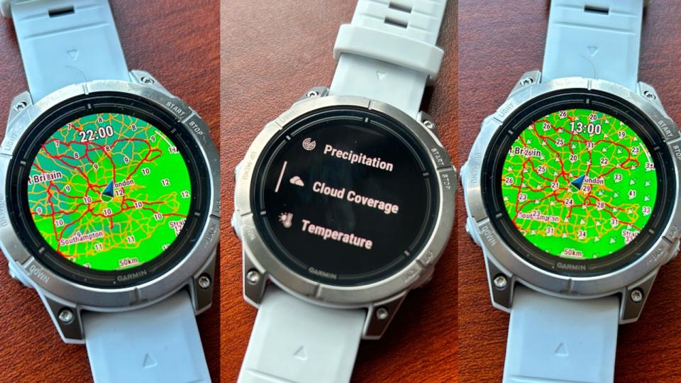 Composite image of three Garmin Epix 2 Pro screens showing map with temperature overlay; menu screen with text reading precipitation, cloud cover and temperature; and map with wind overlay