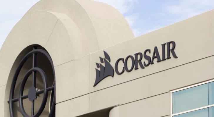 A photo of the Corsair (CRSR) logo on the front of a building in California.