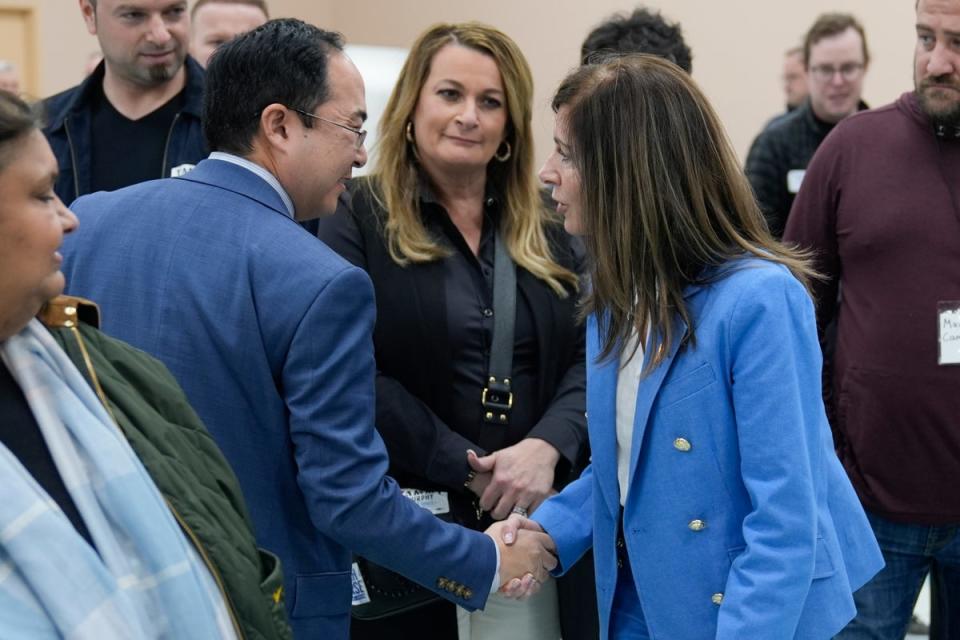 U.S. Senate candidate Rep. Andy Kim congratulates fellow candidate New Jersey first lady Tammy Murphy just before it was announced she defeated him at the Bergen County Democratic convention in Paramus, N.J., Monday, March 4, 2024 (AP)
