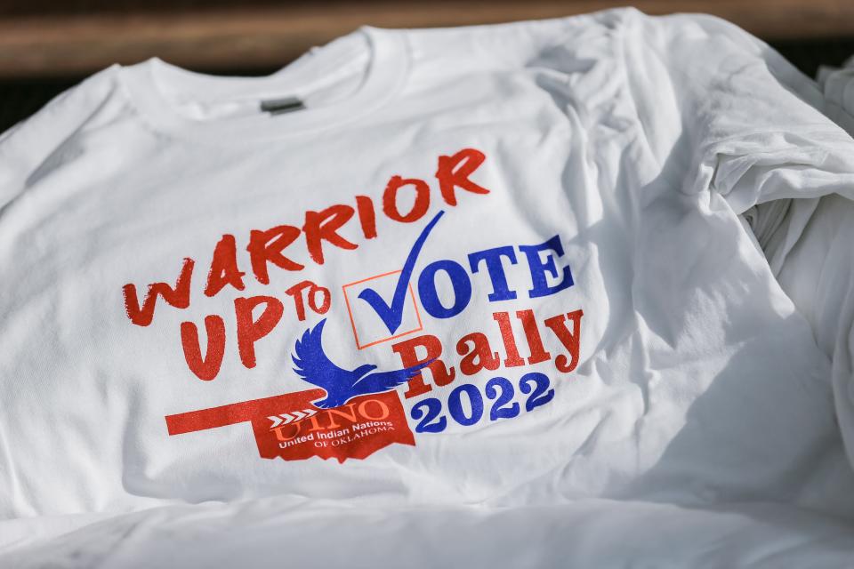 "Warrior Up to Vote" T-shirts were given out during an October rally to encourage Native American voting.