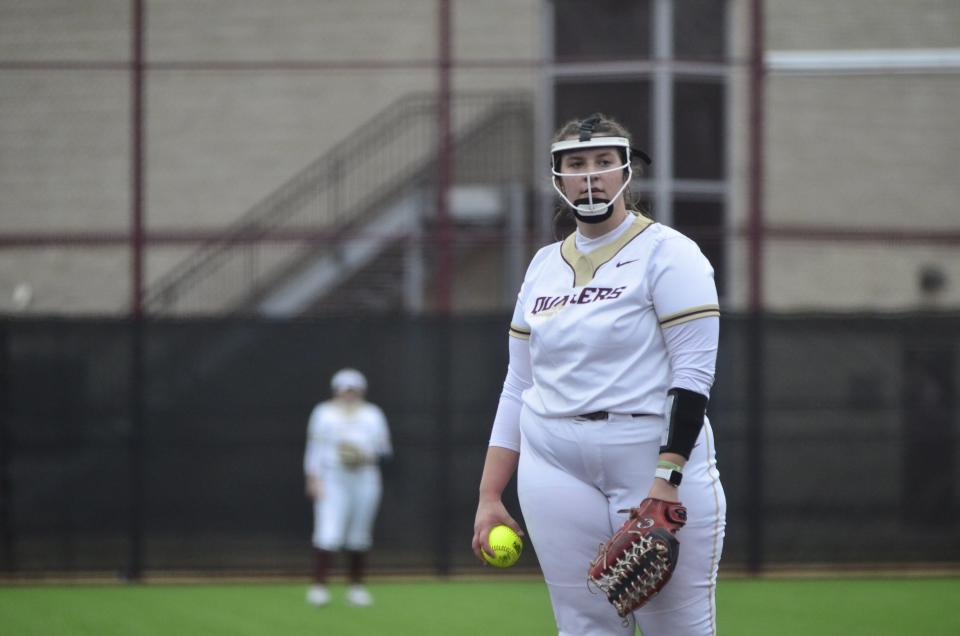 Earlham freshman Morgan Cooksey looks to the dugout in the second game of a doubleheader against Olivet, Saturday, March 2, 2024. Cooksey finished with 15 strikeouts to set a likely single-game record.